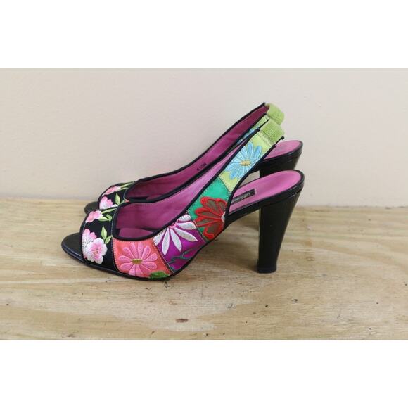 Beverly Feldman Heels 6.5M Floral Print Slingback Slip On High Heels Vintage - Picture 1 of 6